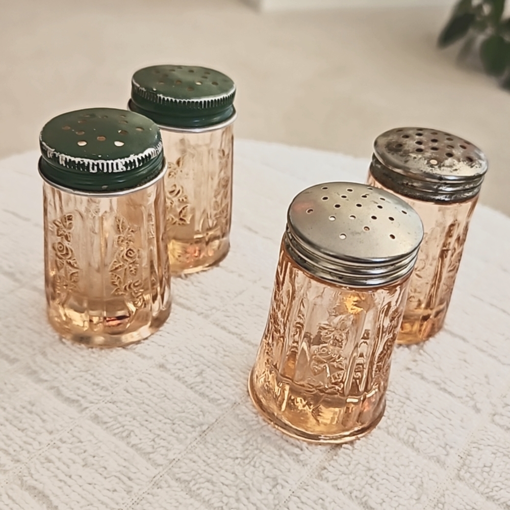 Sharon Cabbage Rose 2 sets of Salt and Pepper Shakers Depression Glass